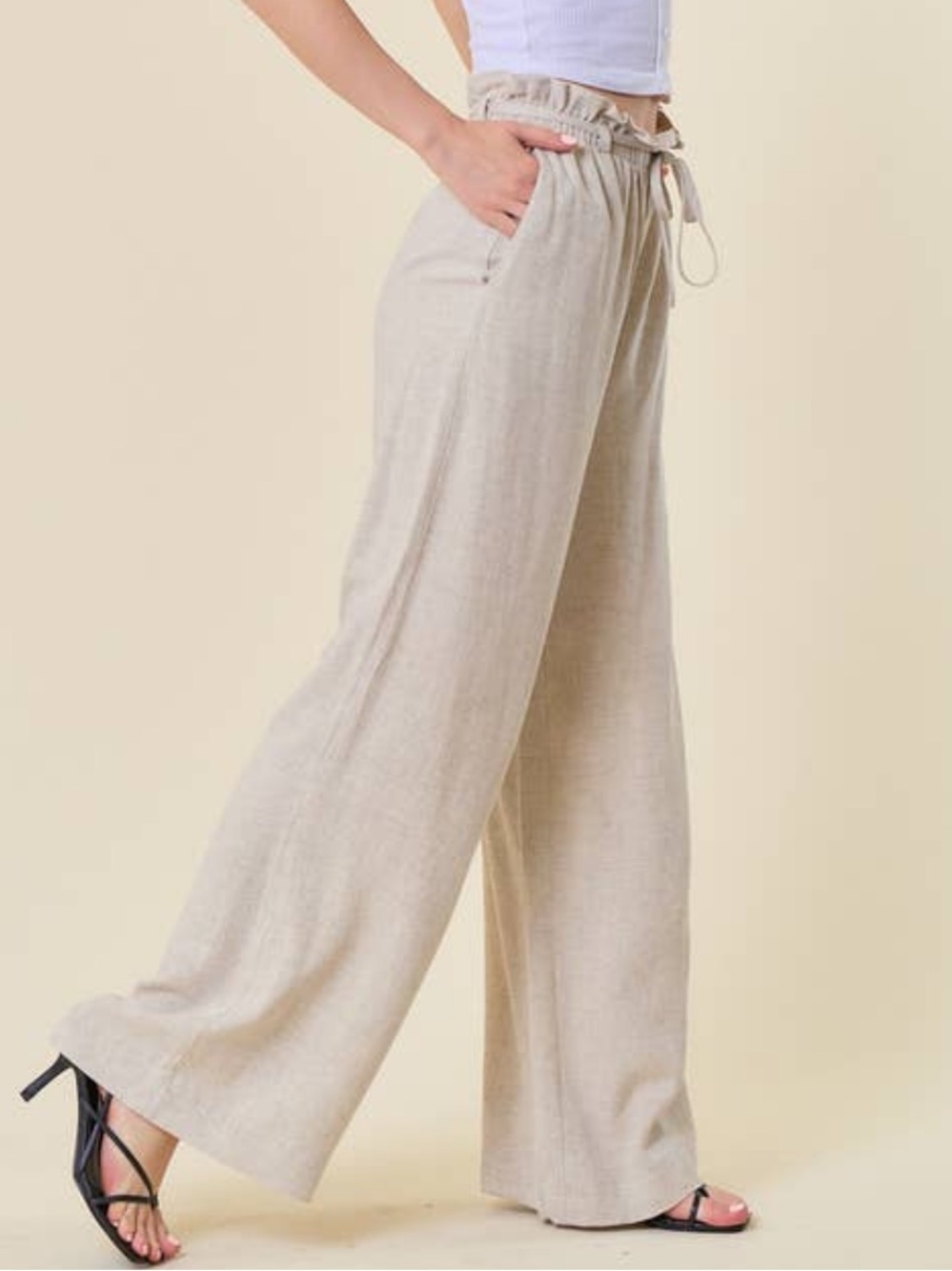 NWT Mustard Seed Natural Beige Drawstring Wide-Leg Linen paperbag pants Small